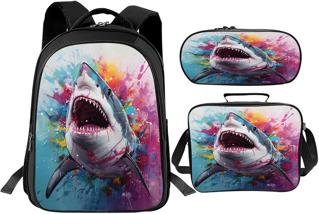 Shark School Backpack for Teens Kids Kindergarten Elementary Middle School Ocean 3-Pcs Bookbag, Shark Back Pack for Boys Girls Children Animal Book Bag, Small Modern Bag, One Size