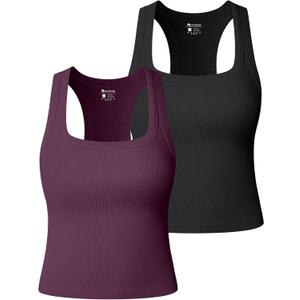 OQQ Women's Tank Top 2-Piece Ribbed Samless Square Neck Sleeveless Tops Stretchy Casual Going Out Shirts (Large, Black,Deep Purple)
