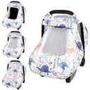 Pea Pod Car Seat Cover Baby Boy, Infant Car Seat Canopy Covers for Newborn with 2 Layers Windows of Breathable Mesh Fabric, Lightweight Polyester/Soft Minky Dot Backing (Single Zipper, Cute Dinosaur)