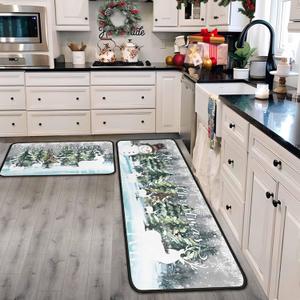 Green Christmas Kitchen Mats Set of 2, Xmas Decor Non Slip Backing Deer Snowman Rugs Winter Kitchen Rug Christmas Decorations for Home Seasonal Low-Profile Kitchen Floor Mat 17"X47"+17"X30"