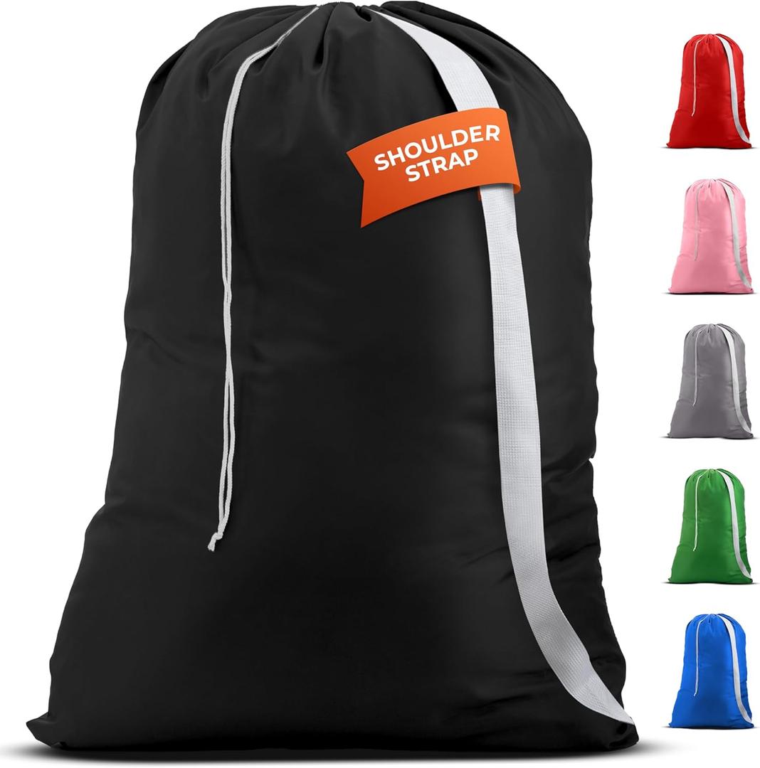 Handy Laundry Bag Shoulder Strap Extra Large - Drawstring Locking Closure, Durable Material, Heavy Duty Stitching, Hands Free Carrying - Perfect College Dorm (Black, 30" x 40")