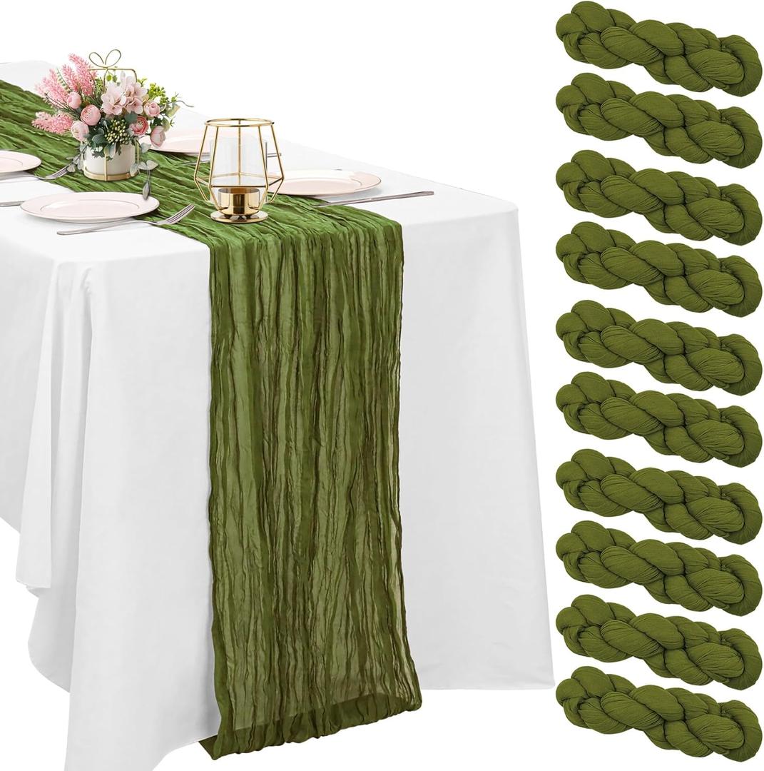 10 Pack Olive Green Cheesecloth Table Runner 10FT Boho Gauze Fabric Table Runner Vintage Rustic Sheer Runners for Wedding Party Bridal Baby Shower Long Table Decorations (21"x120")