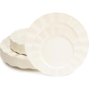 60 Pcs Ivory Plates, Wave Edge Design Disposable Plastic Plates for 30 Guests, Fancy Party Dishes 7 inch Dessert Plate and 10 inch Dinner Plate for Party, Bridal Shower