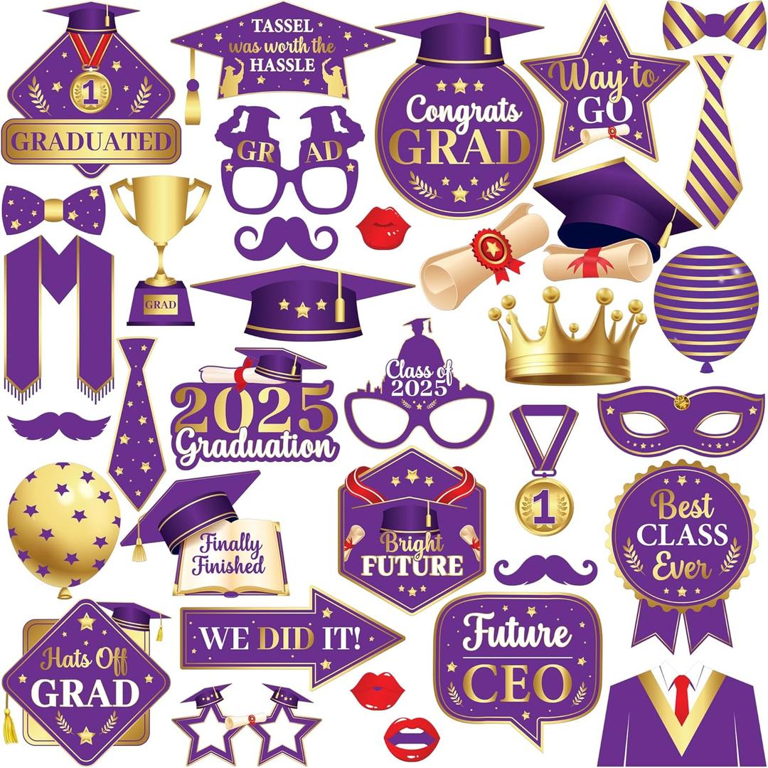 KatchOn, Purple and Gold Graduation Photo Booth Props 2025- Pack of 35 | Grad Photo Props Class of 2025, Graduation Decorations 2025 | Grad Photo Booth Props