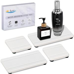 4PCS Stone Drying Trays for Bathroom Sink, Water Absorbing Stone Tray, Water Absorbent Diatomaceous Earth Tray and Coaster, Diatomite Soap Dish, Drying Stones Soap Trays for Kitchen Counter (White 2stripes)