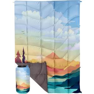 Outdoor Puffy Camping Blanket, Lightweight Down Alternative Puffy Printed Camping Large Ultra Warm Hammock Top Quilt Waterproof Blanket for Traveling Picnic Beach Party Cold Weather (Sunset) 79X55