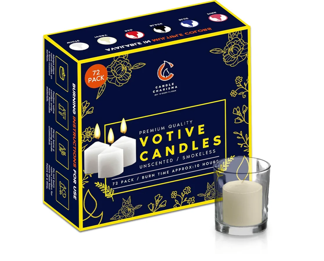 Candle Charisma Natural Ivory Unscented Votive Candles - 10 Hour Burn time - Set of 72 for Dinner, Wedding, Halloween and Holiday Decorations