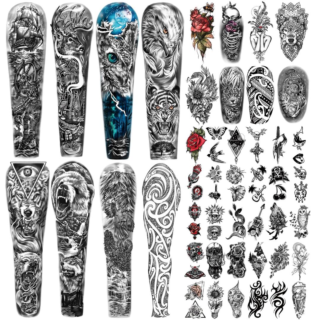 46 Sheets Lion Wolf Full Arm Temporary Tattoo for Women or Men Rose Flower Snake Half Arm Temporary Tattoos for Girls Boys Long Lasting Bird Angel Fake Tattoo for Kids (46 Sheets (Tiny & X-Large), Black)