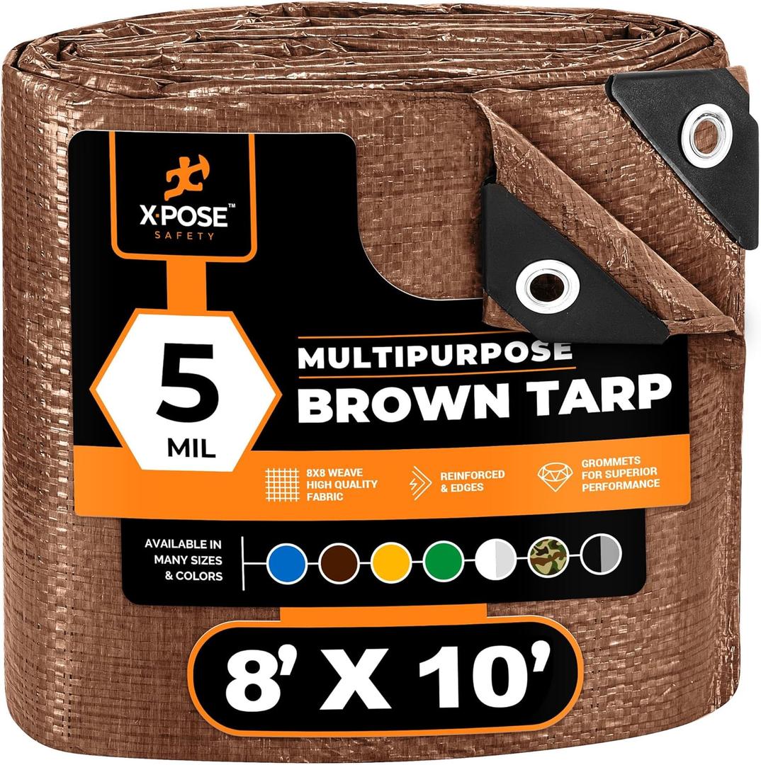 Multipurpose Protective Cover Brown Poly Tarp 8' x 10' - Durable, Water Resistant, Weather Resistant - 5 Mil Thick Polyethylene