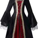 Colorful House Women Medieval Tea Party Dress Victorian Era Bubble Sleeves Velvet High Waist Long Dress with Belt and Gloves (X-Large, Black(hooded))