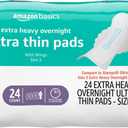 Amazon Basics Ultra Thin Pads with Flexi-Wings for Periods, Extra Heavy Overnight Absorbency, Unscented, Size 5, 24 Count, 4 Pack (Previously Solimo)