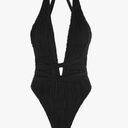 ZAFUL Women's One Piece Swimsuit Deep V Neck Ribbed Self Tie Sexy High Cut Bathing Suit Crisscross Back Swimwear, XL