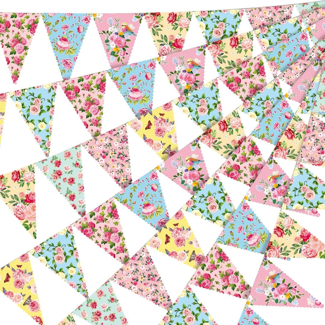 Faccito 49 ft 60 Pcs Tea Floral Party Paper Bunting Decor Outdoor Bunting Banner Floral Pennant Banner Tea Party Birthday Supplies for Wonderland Garden Baby Shower Bridal Wedding Bedroom