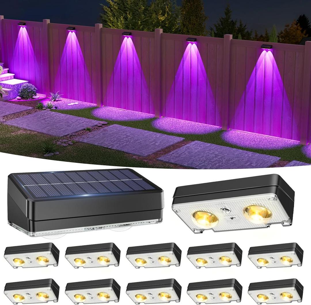 VOLISUN Solar Fence Lights 12 Pack, Warm White, Cool White and RGB Color Glow LED Solar Lights, IP65 Waterproof Fence Solar Lights Outdoor for Patio, Backyard, Railing, Deck, Fence and WallBlack