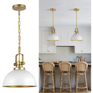 Modern White and Gold Pendant Lights,11.8" Vintage White Gold Pendant Light Fixtures Iron Dome Lighting Hanging Ceiling for Kitchen Island Dining Room Restaurant Bedroom Farmhouse Entrance (1PK/12in)
