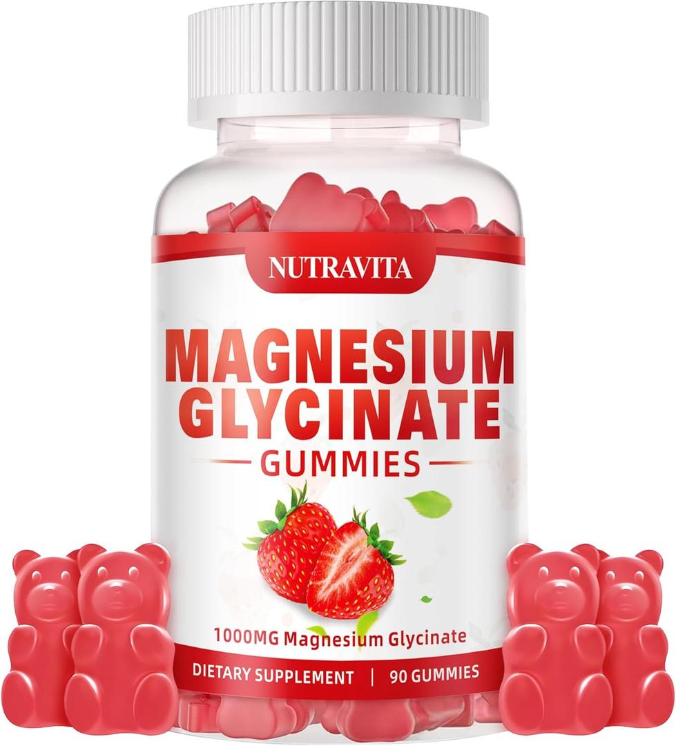 Magnesium Glycinate Gummies 1000mg with Magnesium L-Threonate,Chelated Magnesium Potassium Complex Supplement with VitD, B6, CoQ10, Calcium,Supports for Memory, Calm, Mood - 90 Gummies Strawberry
