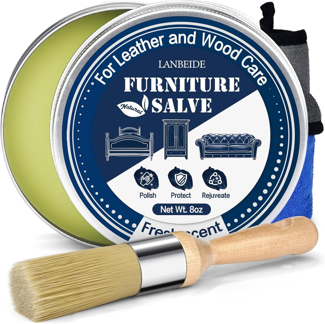 LANBEIDE Furniture Salve with Brush for Leather Wood, Polisher and Conditioner for Leather Couch and Furniture-Repair Salve 8OZ with Brush and Towel
