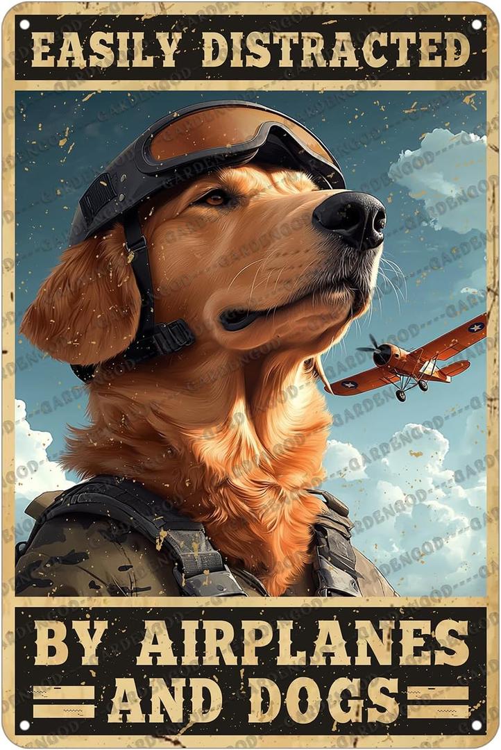 Vintage Pilot Metal Sign Easily Distracted By Airplanes And Dog Metal Poster Home Kitchen Garden Garage Coffee Bathroom Man Cave Aluminum Sign Art Wall Decor Plaque 12x8 Inch