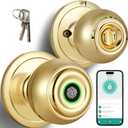 Fingerprint Door Lock, Smart Fingerprint Door Knob with Locks, Biometric Door Lock with App Control & Key, Keyless Thumbprint Entry Door Locks for Bedrooms, Front Door, Home, Apartment-Polished Brass