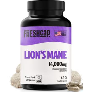 FreshCap Mushrooms Lions Mane Supplement Capsules 14,000mg - Lion's Mane, High Potency Extract, 14:1 Organic Mushroom Supplement, Ayurveda Focus Made in USA (120 Capsules), BBD 07/2025