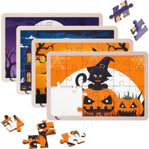 4 Pack 96 Pcs Wooden Puzzles - Halloween Jigsaw Puzzles for Boys and Girls, Party Favors, Classroom Rewards