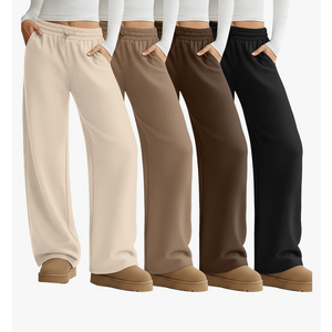Velvelhall 4 Pack Women's Wide Leg Sweatpants Drawstring Lounge Joggers for Women Straight Pants Elastic Waist with Pockets(Black, Brown, Khaki, Apricot), Size: 3XL