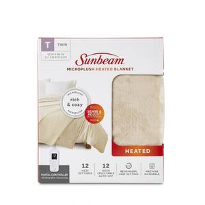 Sunbeam Microplush Twin  Electric Heated Blanket with Preheat Feature Two Digital Controller 10-Heat Settings Auto Shut-Off, UL Certified for Safety, Ivory Beige 62in×84in