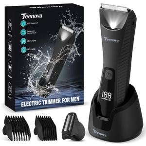 Pubic & Body Hair Trimmer for Men, 2 in 1 Electric Ball Groin Razor Shaver with Ceramic Blade, No Nick Mens Grooming Kits for Wet/Dry Use, Cordless Charging Groomer with Led Display