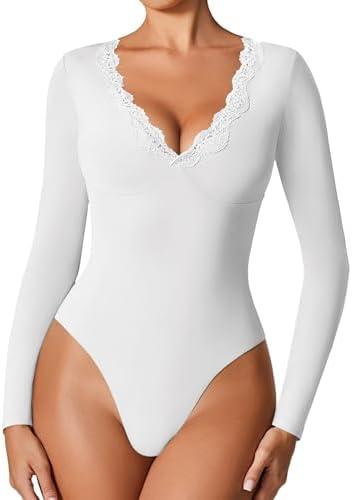 Avidlove Bodysuits for Women Long Sleeve Lace V Neck Body Suits Double Lined One Piece Leotard Shirt Going Out Tops L