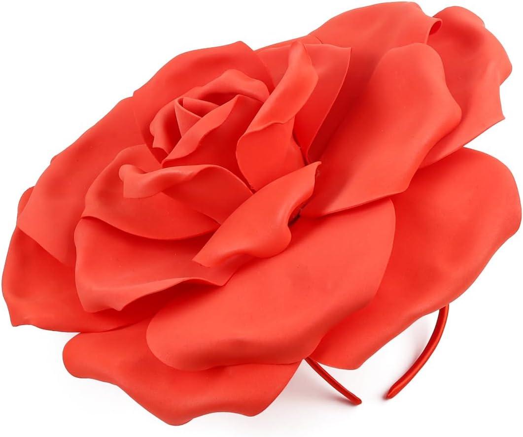 Large Flower Fascinators Womens Derby Hat Wedding Prom Rose Fascinator Hat Tea Party Headpiece with Headband Clip (Red)