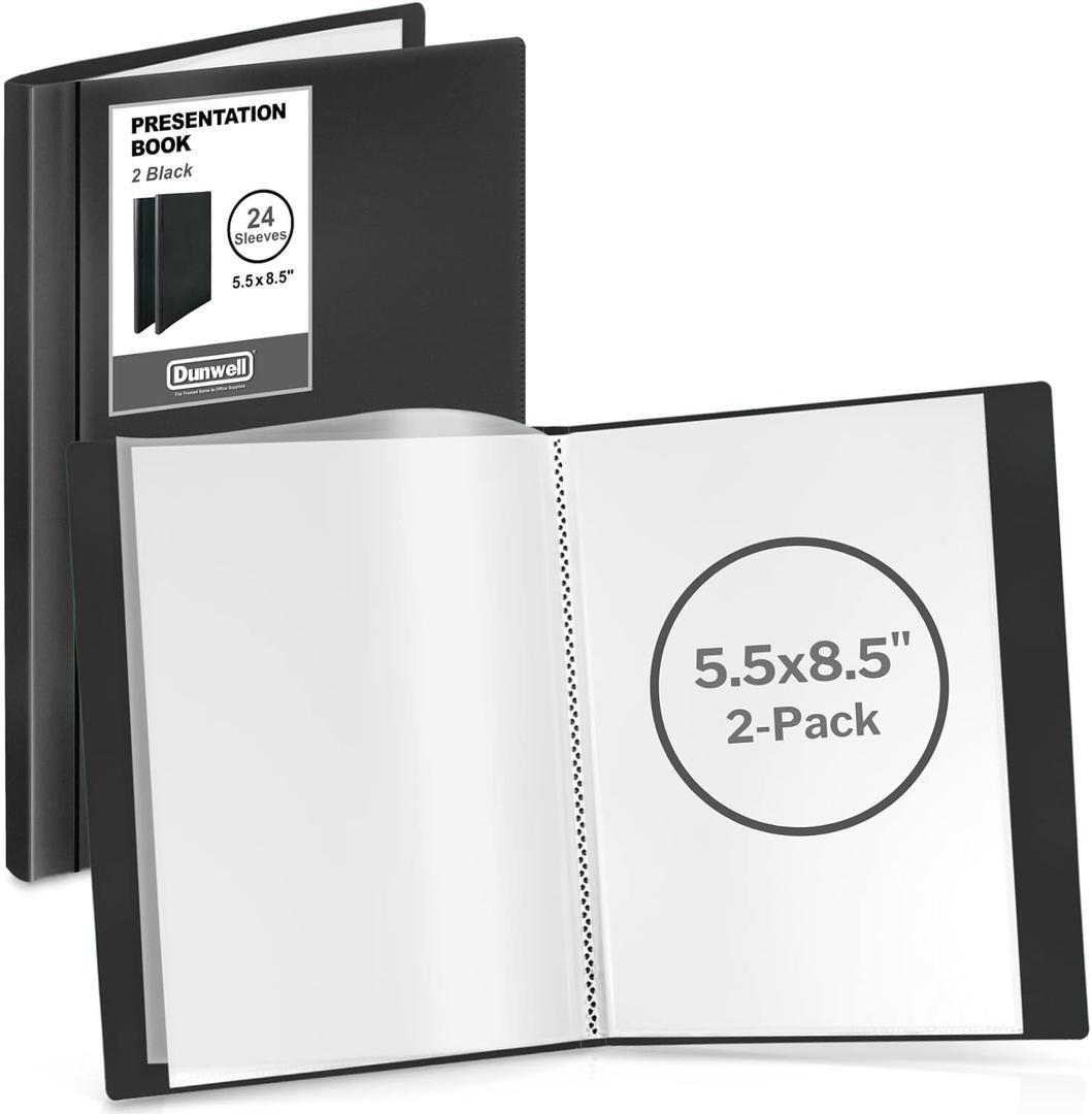 Dunwell Small Presentation Book 5.5x8.5 (2-Pack, Black), 24 Pockets Display 48 Half Size Pages, Plastic Binders with Sleeves, 5.5 x 8.5 Mini Booklets, Acid-Free Poly