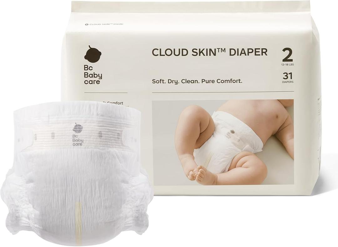 Bc Babycare Cloud Skin Baby Diapers, Size 2 (12-18 lbs), 31 Count Ultra Soft & Dry, Leak-Proof Overnight Comfort, Hypoallergenic, Totally Chlorine-Free