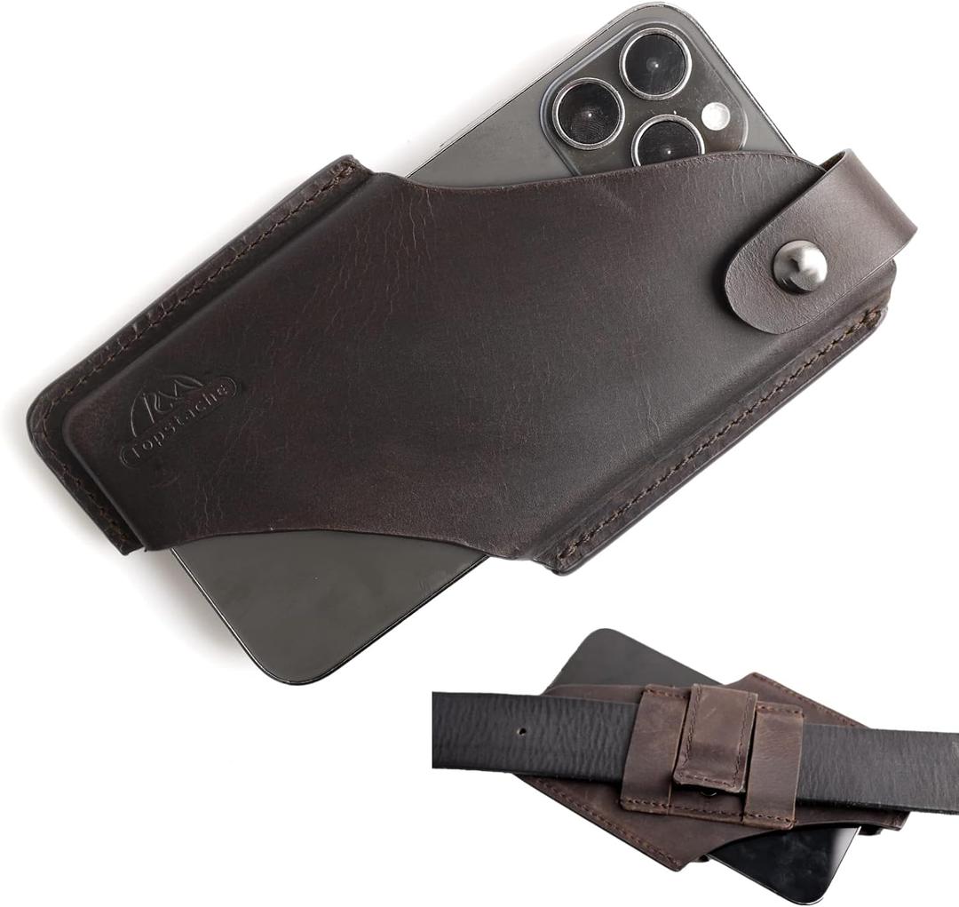 Topstache Leather Phone Holster with Belt Clip for iPhone 17/16/15 Pro Max & Plus - Magnetic Closure Cell Phone Case for Galaxy S25/S24 Ultra - Leather Belt Holder Loop Case, L,Darkbrown