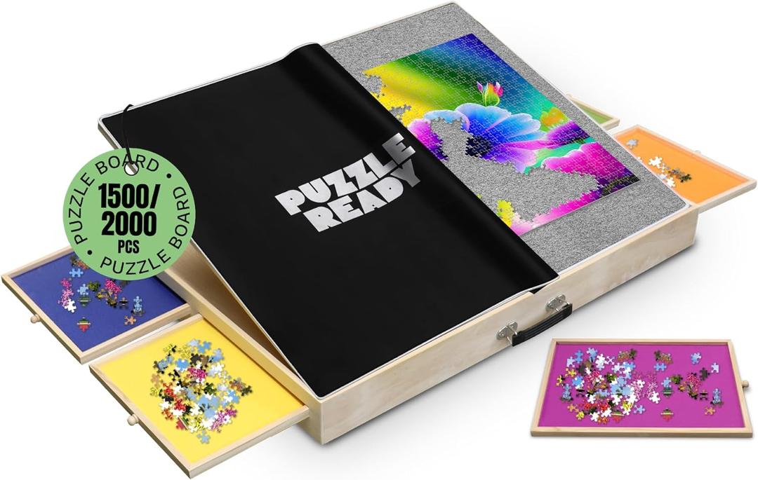 Puzzle Ready Puzzle Board with Tilting Drawers & Cover Mat - 1500-Piece Wooden Jigsaw Puzzle Table - 36 x 27 Portable Board with 3 Tilting Angles & Felt Working Surface