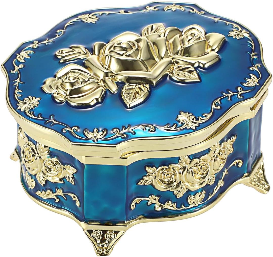 ELLDOO Vintage Music Box, Blue Metal Musical Jewelry Box Keepsake Box, Small Trinket Storage Organizer Jewelry Storage Box Gift for Girl Women (Tune: You are My Sunshine)