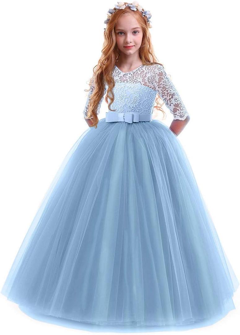 Girls Flower Vintage Floral Lace 3/4 Sleeves Floor Length Dress Wedding Party Evening Formal Pegeant Dance Gown, Size 170 (Blue)