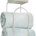 mDesign Modern Metal Wire Wall Mount Towel Rack Holder and Organizer with Storage Shelf - for Bathroom Towels, Washcloths, Hand Towels - Decorative Curved Design - Satin
