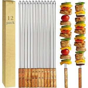 12 Pack Kebab Skewers BBQ Barbecue Skewers Stainless Steel Sticks 23.5 Inch Heavy Duty Large Wide Reusable with Nonslip Wooden Handle Ideal for Shish Kabob Chicken Shrimp and Vegetables
