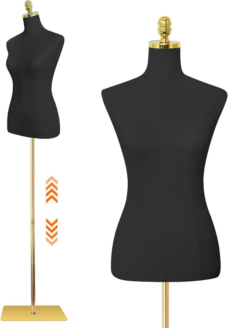 Female Mannequin Torso Dress Form Manikin with Metal Bracket and Rectangular Base, 40.55-73.23 Inch Mannequin Body Height Adjustable for Sewing Dressmakers Clothes Jewelry Display, Black