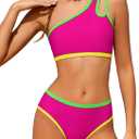 Redair Girls Swimsuit Two Piece One Shoulder Bathing Suit with Chest Pad Color Block Bikini 15-16 Years (Hot Pink)