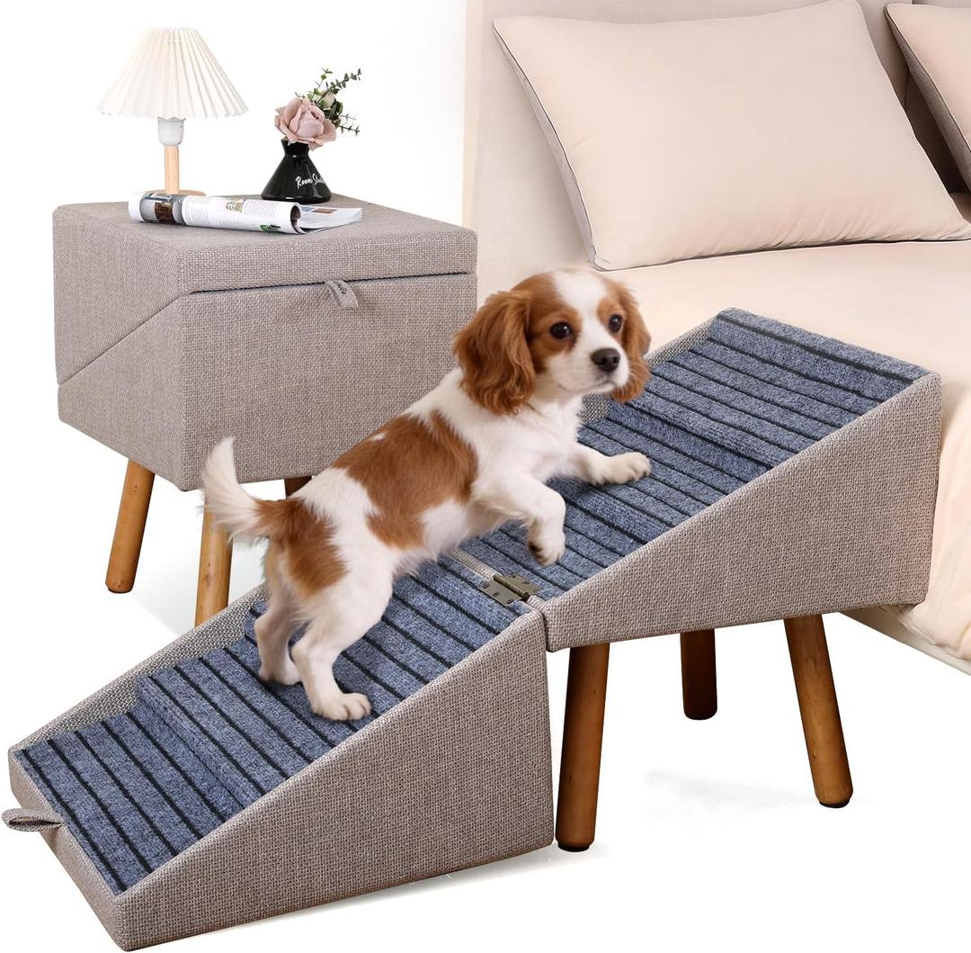 Dog ramp for Small Dogs, 2-in-1 Pet Steps & Ottoman - Foldable Dog ramp for Couch, Non-Slip Wooden Pet ramp for Puppy Senior Injured Dogs (Light Brown, XXL(21.06H))