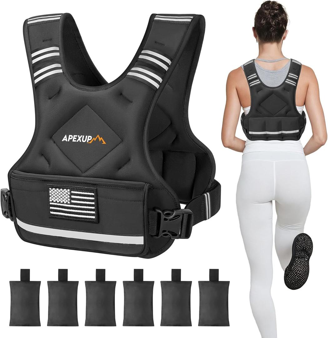 APEXUP Adjustable Weighted Vest, 4-10lb/12-18lb/20-32lb Vest with 6 Ironsand Weights and Large Pocket, Weight Vest for Men Women Strength Training, Running, Walking (Black)
