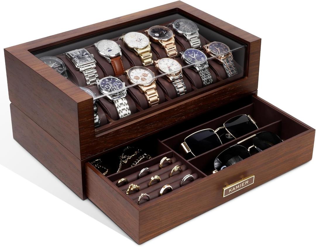Kamier High End Watch Box for Men, 12 Slot Wooden Watch Case With Drawer, Watch Display Box with Glass Lid, 2-Layer Watch Holder for Jewelry and Watch Storage for Men Women , Ideal for Gift (With Gift Box) (Walnut)