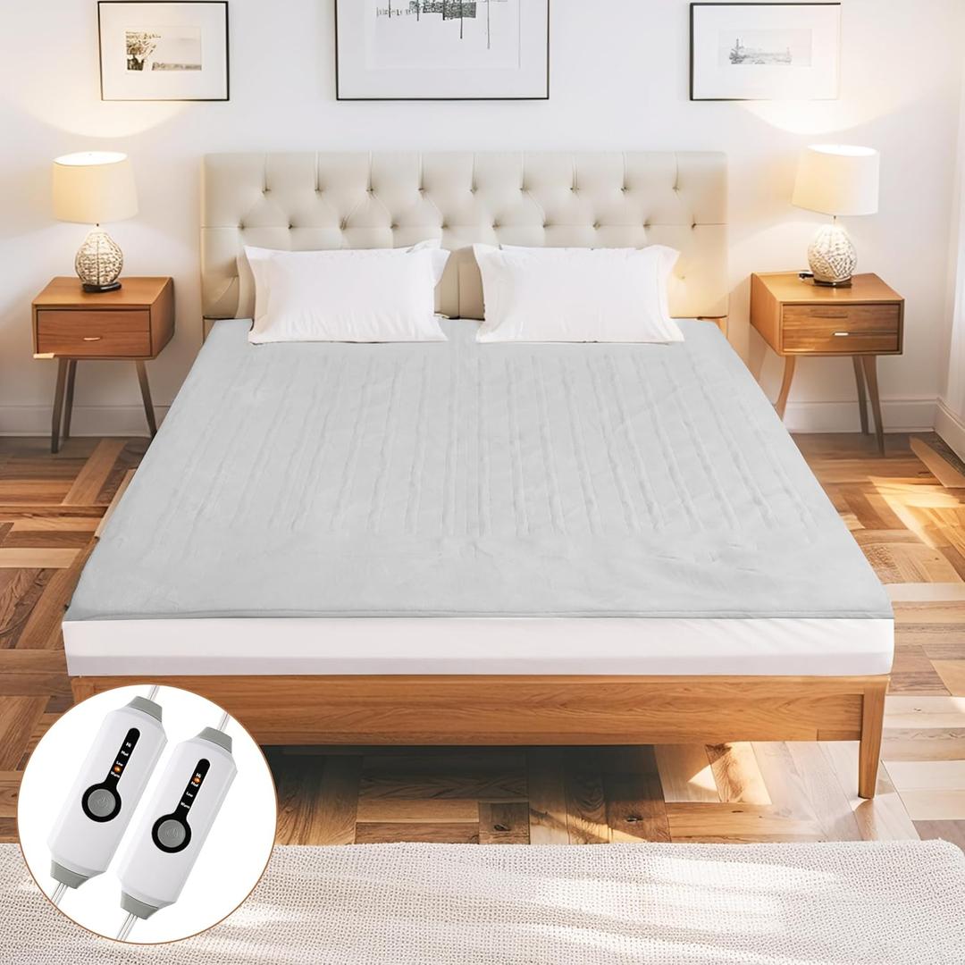Eydna Electric Mattress Pad Queen Size 60"x80" with 10 Hours Auto Off 4 Heat Setting Dual Controller Fit Up to 15 Inch Deep Pocket, Machine Washable - Light Gray
