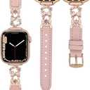 Leather Band Compatible with Apple Watch Bands 38/40/41/42/44/45/46/49mm Women, Slim Dressy Premium Leather Strap with Flower Bows Metal Buckle for iWatch Series 10 9 Ultra SE 8 7 6 5 4 3 2 1