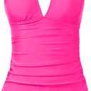 Yonique Womens Two Piece Swimsuits Tummy Control Tankini Plus Size Bathing Suit Halter V Neck Swimwear Hot Pink 18W