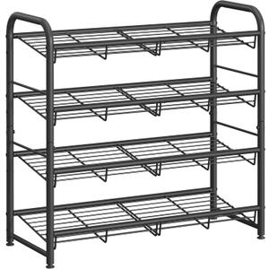 SONGMICS Stackable Shoe Rack, 4 Tier Metal Shoes Rack Storage Shelf, Holds up to 16 Pairs Shoes, Adjustable Slanted Shelves Shoe Tower Organizer for Closet Entryway Small Spaces, Black