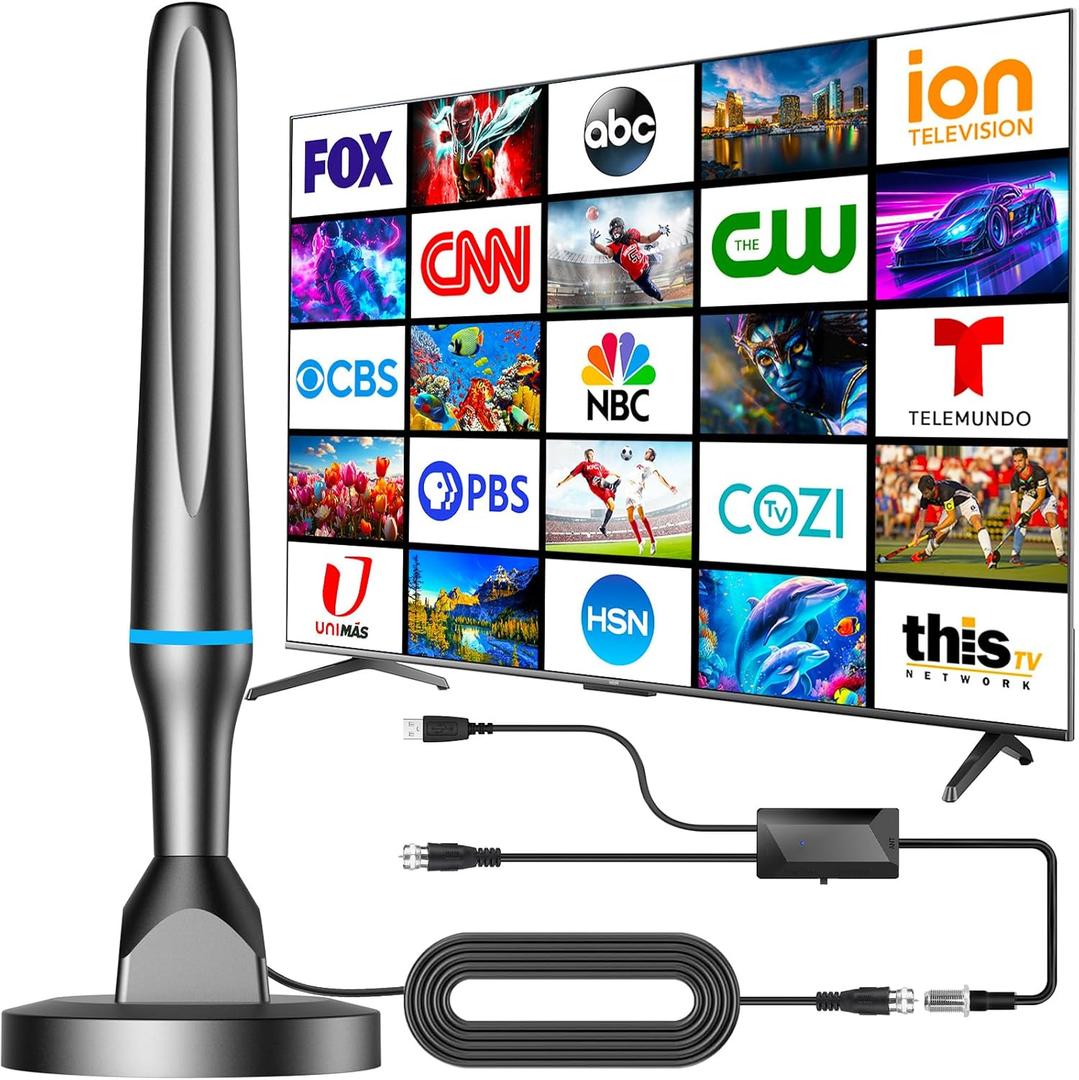 2026 Digital TV Antenna for Smart TV Indoor, 360 Reception HD TV Antenna for Local Channels with Signal Booster, Supports 4K 1080P All Smart TVs, Strong Magnetic Base - 10FT Cable (Blue)