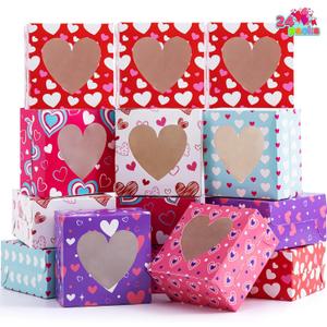 JOYIN 24 Pcs Valentines Day Bakery Treat Boxes,Valentines Cupcake Boxes,Cookie Cardboard Boxes with with Heart PVC Window for Holiday Pastries,Wedding Doughnut (red)