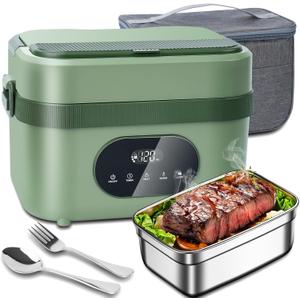 MDHAND Heated Lunch Box - Cordless Electric Lunch Box for Adults, 18000mAh Battery Powered Self Heating Food Warmer for Office Work Car Travel Outdoors, Scheduled Heating & 1.5L Stainless Container (Green)